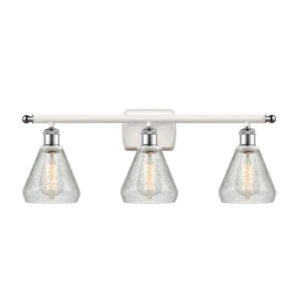 Conesus Bath Vanity Light shown in the White and Polished Chrome finish with a Clear Crackle shade