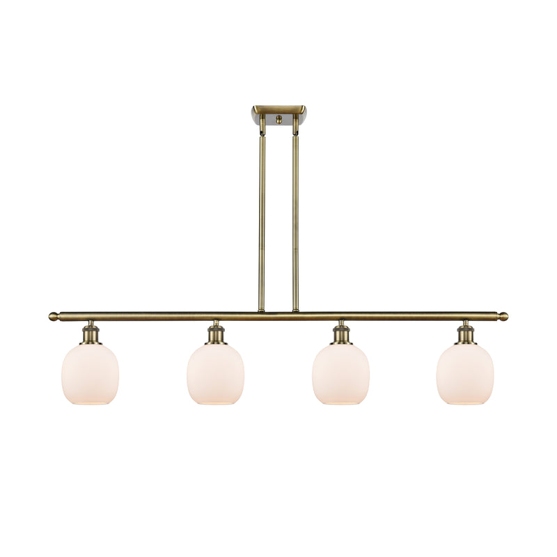 Belfast Island Light shown in the Antique Brass finish with a Matte White shade