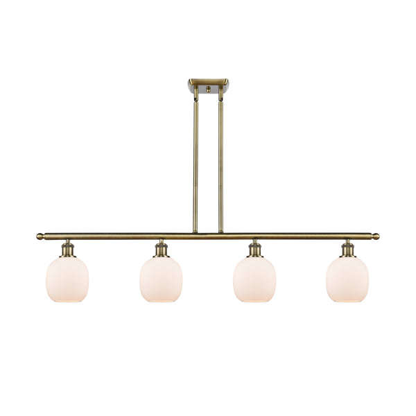 Belfast Island Light shown in the Antique Brass finish with a Matte White shade