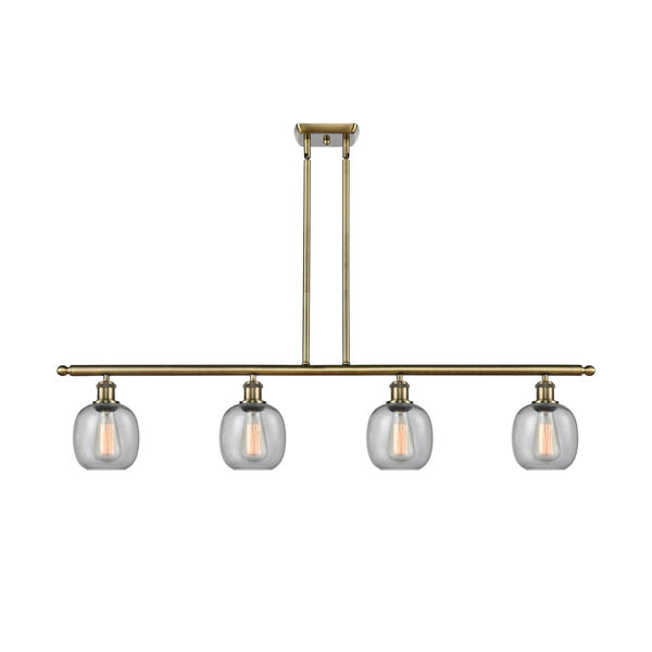 Belfast Island Light shown in the Antique Brass finish with a Seedy shade