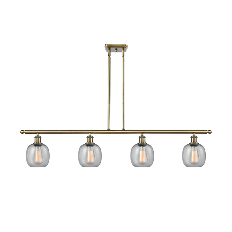 Belfast Island Light shown in the Antique Brass finish with a Seedy shade