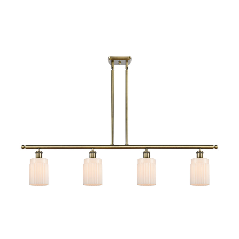 Hadley Island Light shown in the Antique Brass finish with a Matte White shade