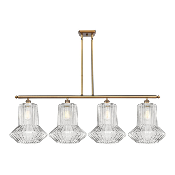 Springwater Island Light shown in the Brushed Brass finish with a Clear Spiral Fluted shade