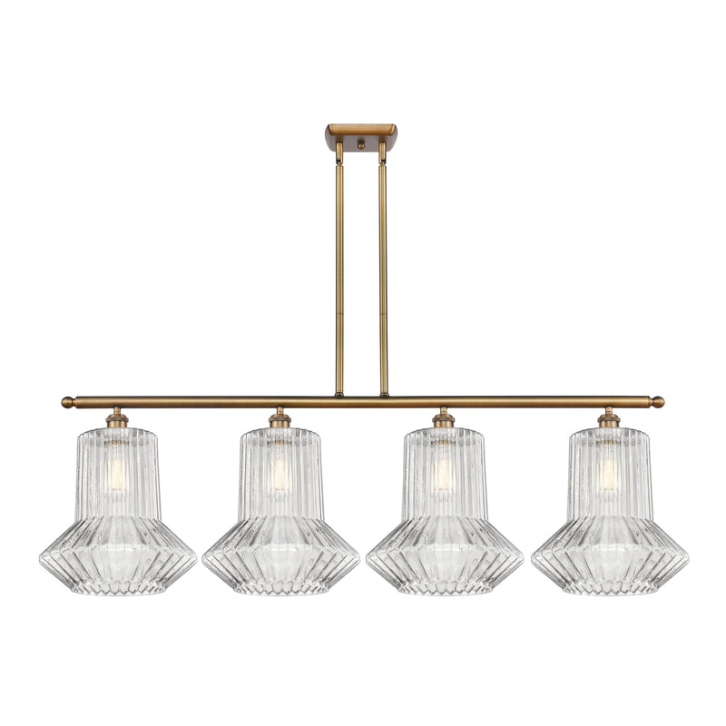 Springwater Island Light shown in the Brushed Brass finish with a Clear Spiral Fluted shade