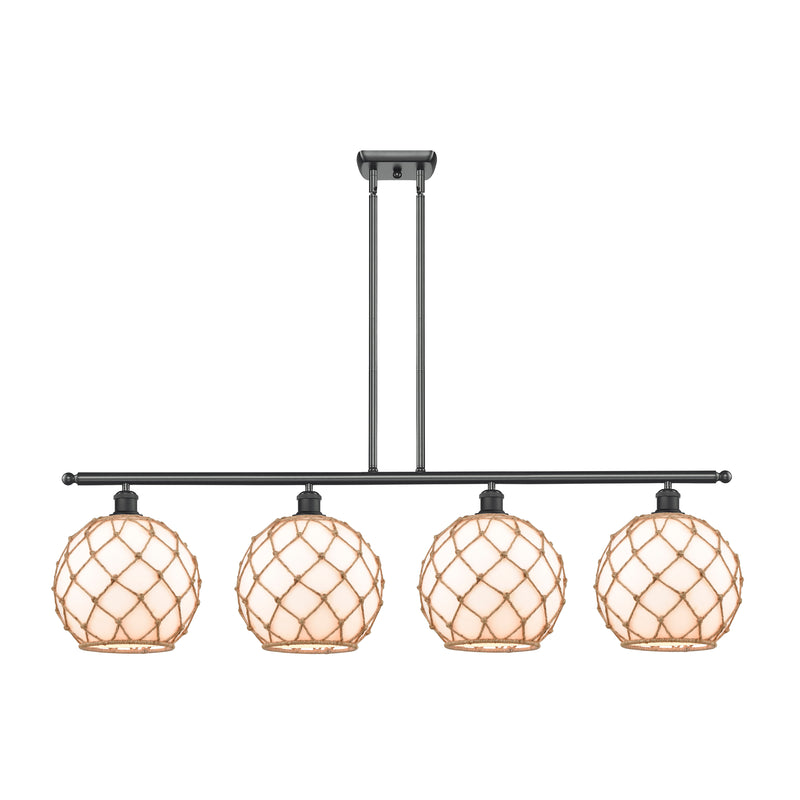 Farmhouse Rope Island Light shown in the Matte Black finish with a White Glass with Brown Rope shade