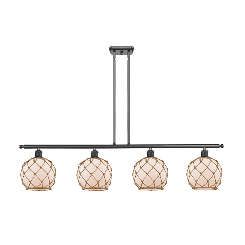 Farmhouse Rope Island Light shown in the Matte Black finish with a White Glass with Brown Rope shade