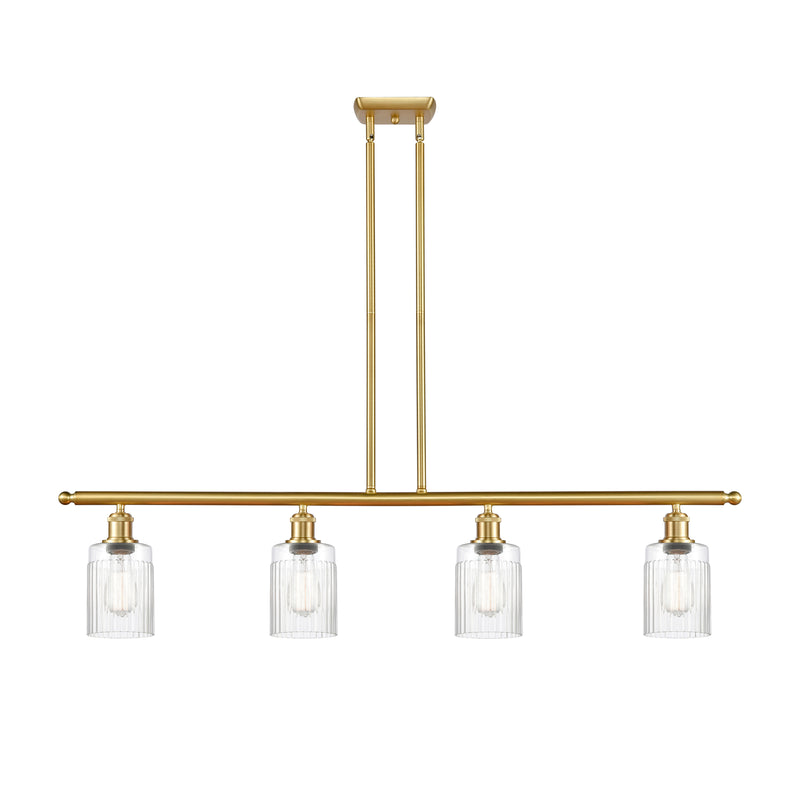 Hadley Island Light shown in the Satin Gold finish with a Clear shade