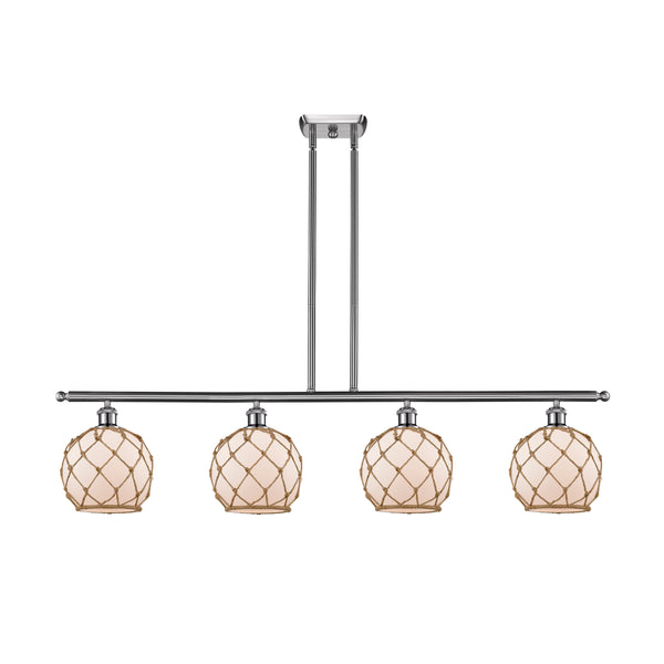 Farmhouse Rope Island Light shown in the Brushed Satin Nickel finish with a White Glass with Brown Rope shade