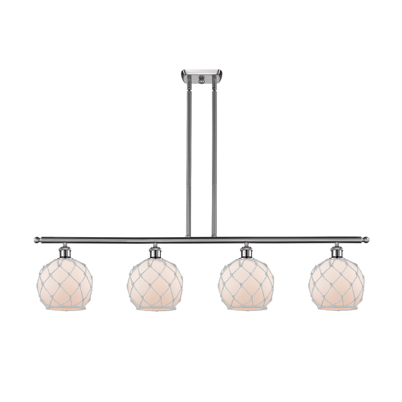 Farmhouse Rope Island Light shown in the Brushed Satin Nickel finish with a White Glass with White Rope shade