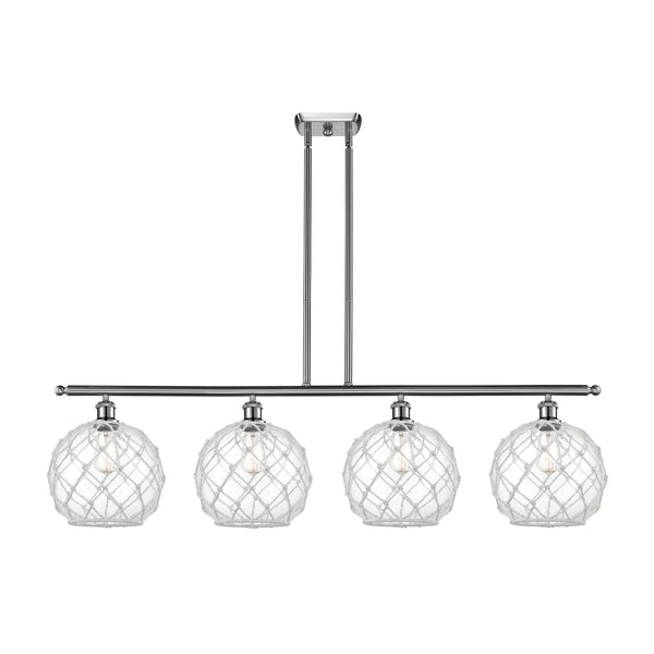 Farmhouse Rope Island Light shown in the Brushed Satin Nickel finish with a Clear Glass with White Rope shade