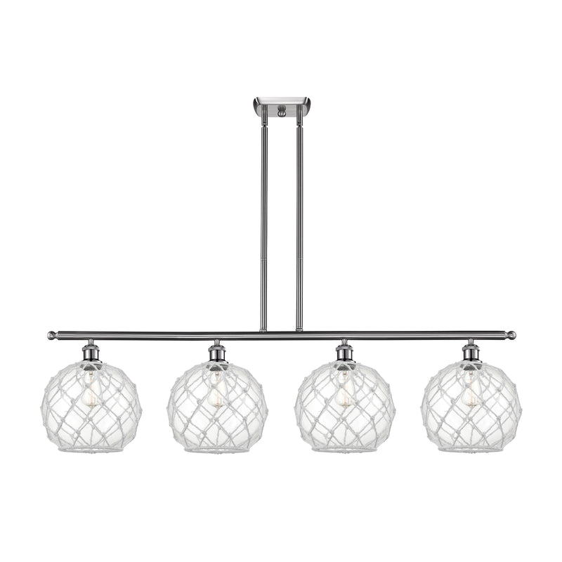 Farmhouse Rope Island Light shown in the Brushed Satin Nickel finish with a Clear Glass with White Rope shade