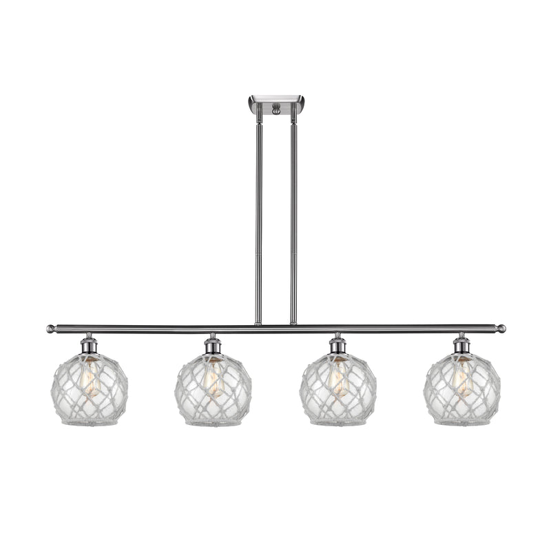 Farmhouse Rope Island Light shown in the Brushed Satin Nickel finish with a Clear Glass with White Rope shade