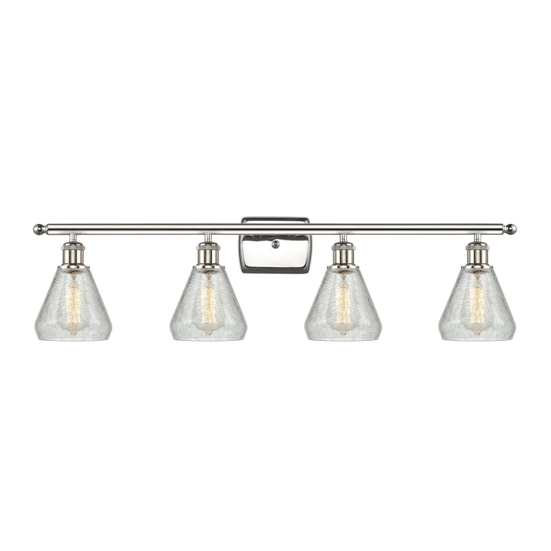 Conesus Bath Vanity Light shown in the Polished Nickel finish with a Clear Crackle shade