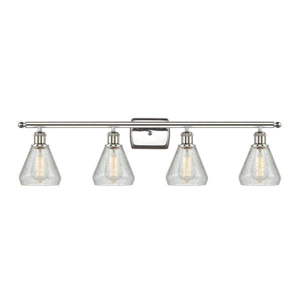 Conesus Bath Vanity Light shown in the Polished Nickel finish with a Clear Crackle shade