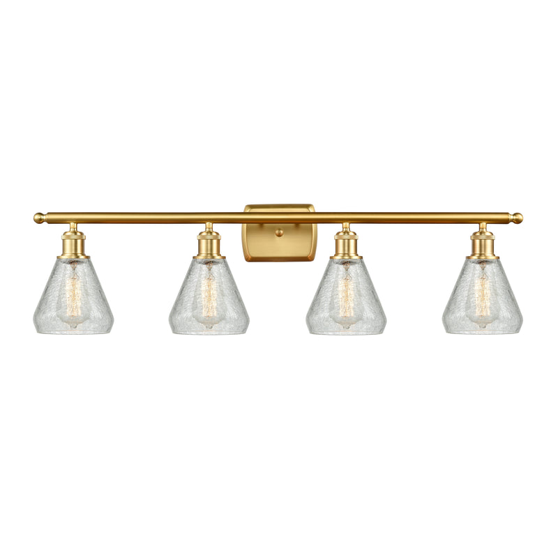 Conesus Bath Vanity Light shown in the Satin Gold finish with a Clear Crackle shade