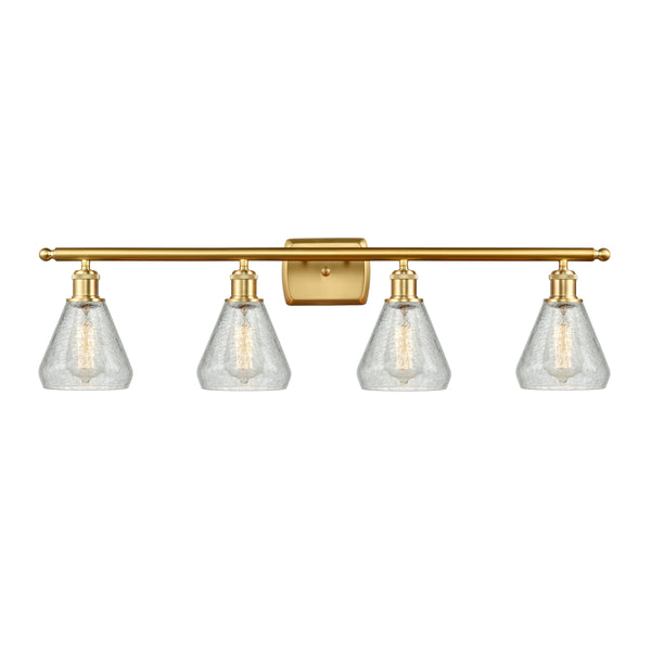 Conesus Bath Vanity Light shown in the Satin Gold finish with a Clear Crackle shade