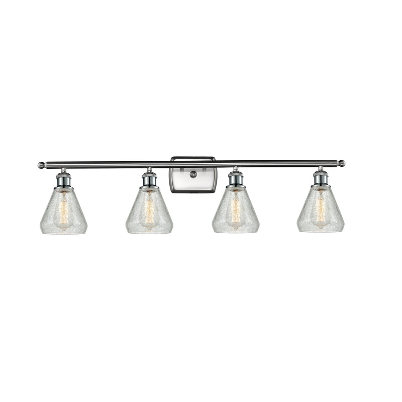 Conesus Bath Vanity Light shown in the Brushed Satin Nickel finish with a Clear Crackle shade