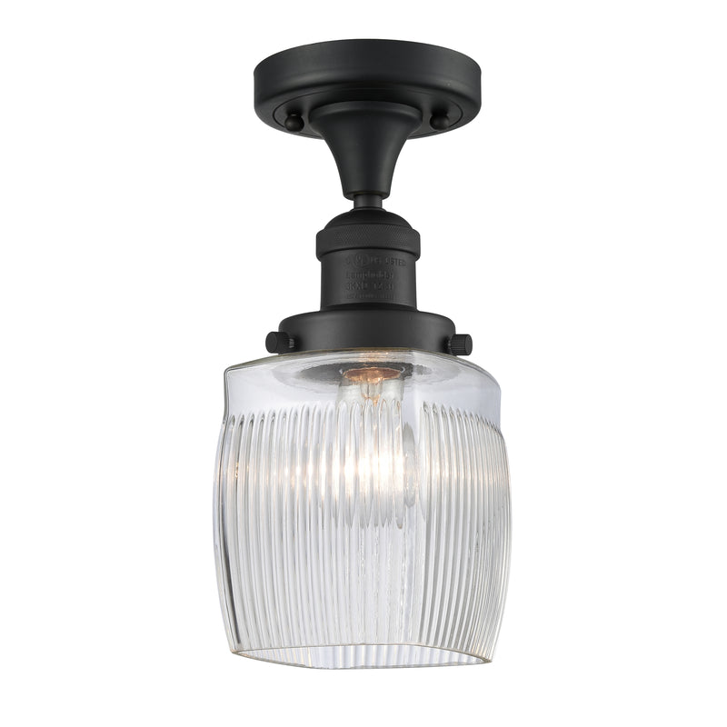 Colton Semi-Flush Mount shown in the Matte Black finish with a Clear Halophane shade