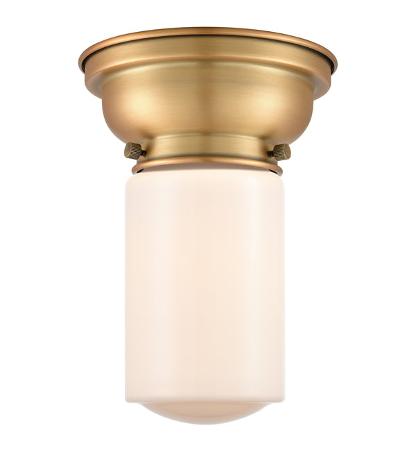 Dover Flush Mount shown in the Brushed Brass finish with a Matte White shade