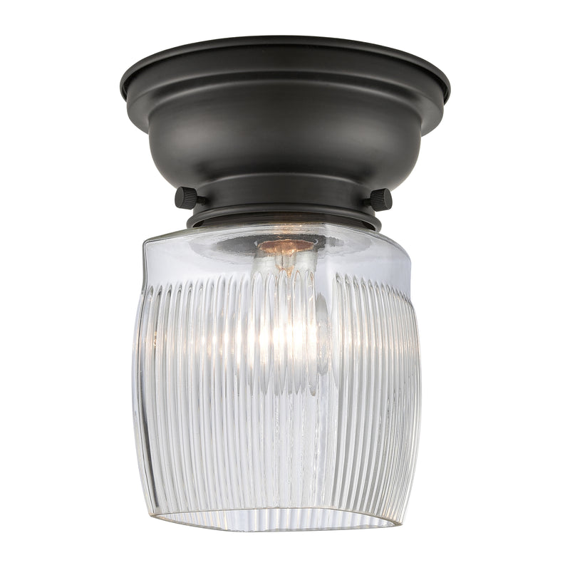 Colton Flush Mount shown in the Matte Black finish with a Clear Halophane shade