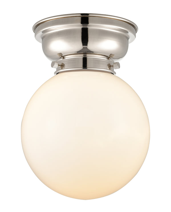 Beacon Flush Mount shown in the Polished Nickel finish with a Matte White shade