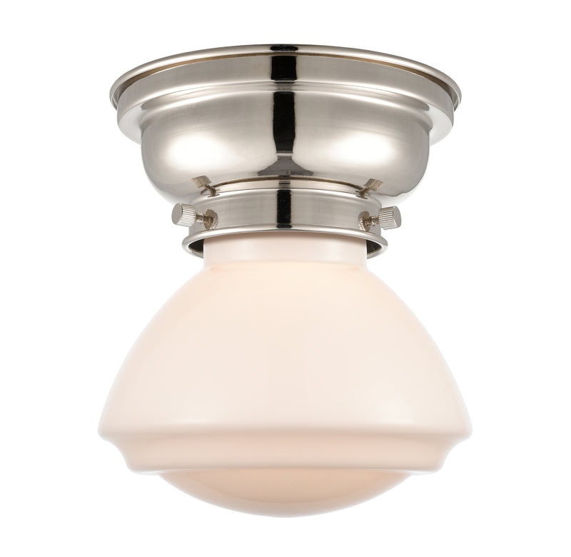 Olean Flush Mount shown in the Polished Nickel finish with a Matte White shade