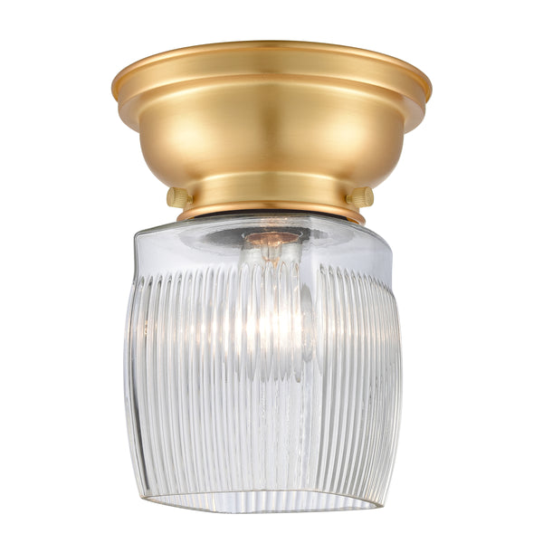 Colton Flush Mount shown in the Satin Gold finish with a Clear Halophane shade