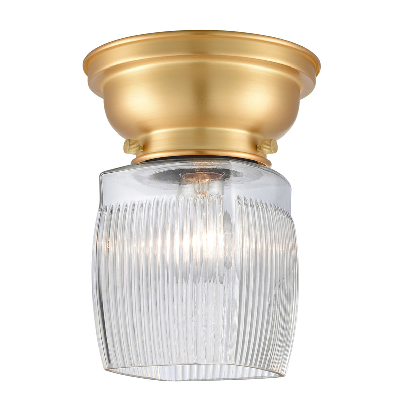Colton Flush Mount shown in the Satin Gold finish with a Clear Halophane shade
