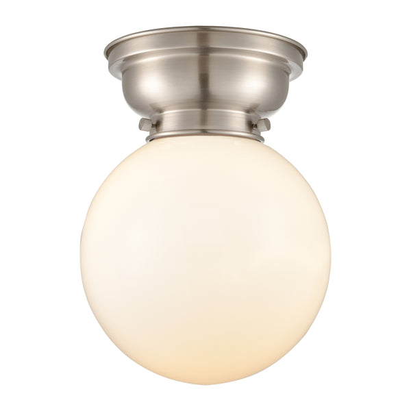 Beacon Flush Mount shown in the Brushed Satin Nickel finish with a Matte White shade