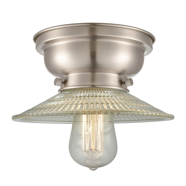 Halophane Flush Mount shown in the Brushed Satin Nickel finish with a Clear Halophane shade