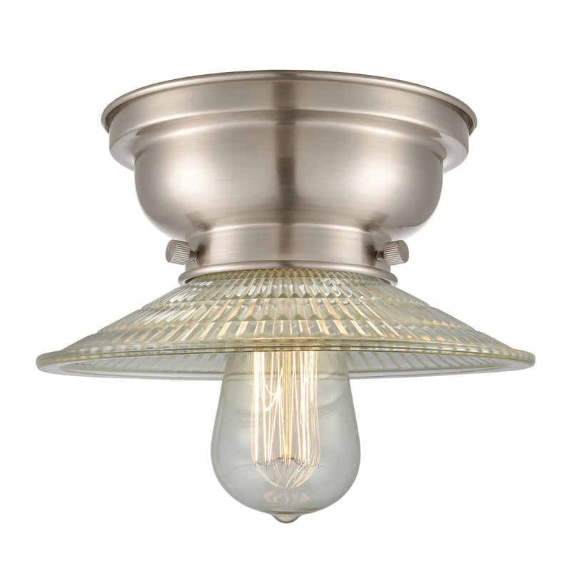 Halophane Flush Mount shown in the Brushed Satin Nickel finish with a Clear Halophane shade