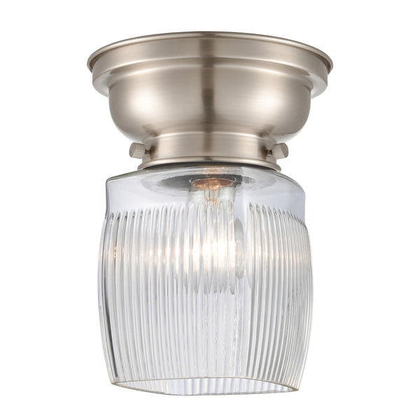 Colton Flush Mount shown in the Brushed Satin Nickel finish with a Clear Halophane shade