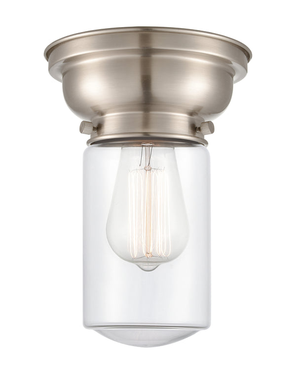 Dover Flush Mount shown in the Brushed Satin Nickel finish with a Clear shade