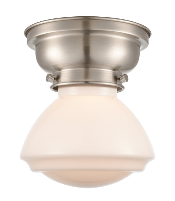 Olean Flush Mount shown in the Brushed Satin Nickel finish with a Matte White shade