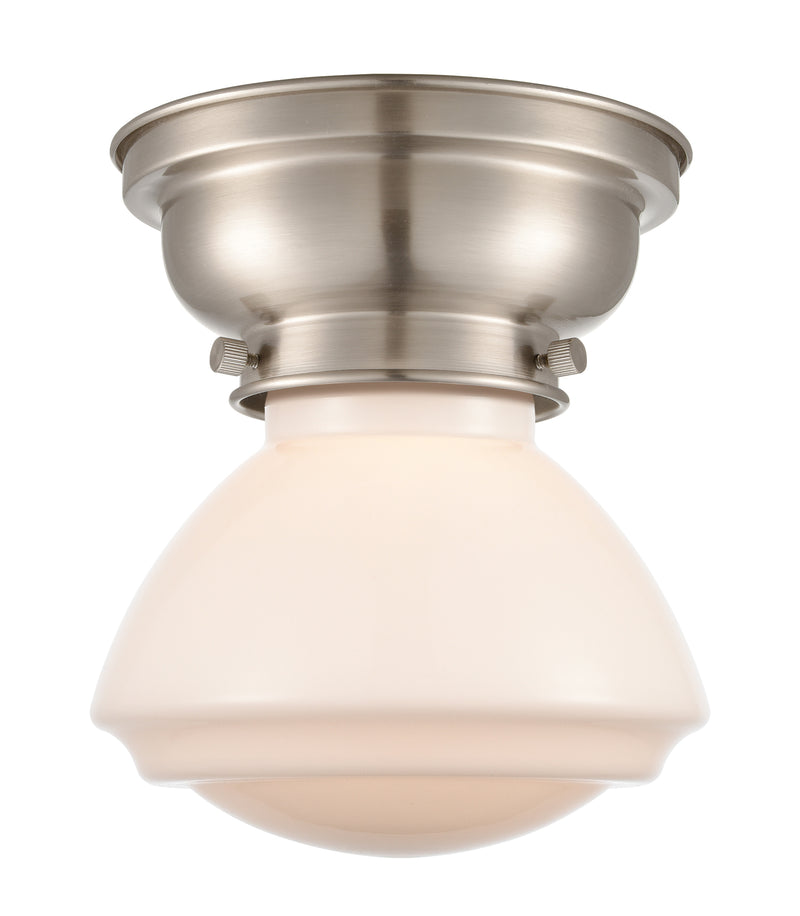 Olean Flush Mount shown in the Brushed Satin Nickel finish with a Matte White shade