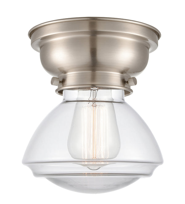 Olean Flush Mount shown in the Brushed Satin Nickel finish with a Clear shade