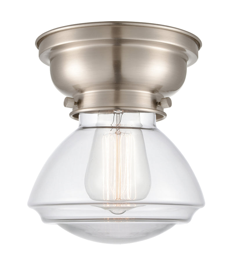 Olean Flush Mount shown in the Brushed Satin Nickel finish with a Clear shade