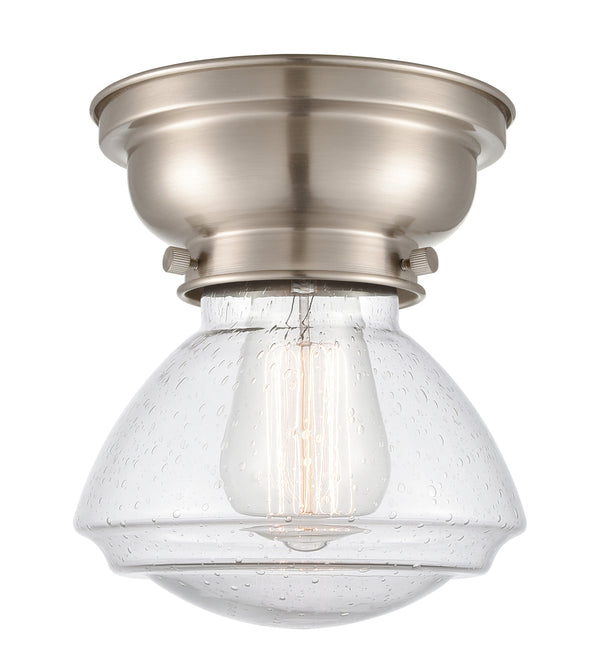 Olean Flush Mount shown in the Brushed Satin Nickel finish with a Seedy shade