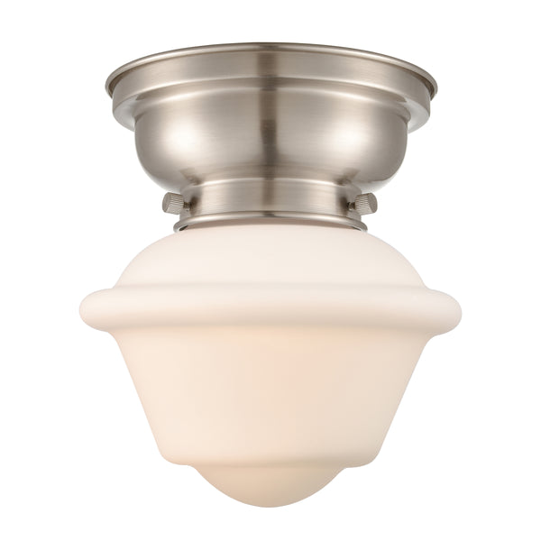 Oxford Flush Mount shown in the Brushed Satin Nickel finish with a Matte White shade