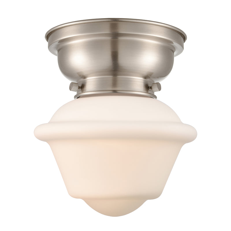 Oxford Flush Mount shown in the Brushed Satin Nickel finish with a Matte White shade