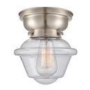 Oxford Flush Mount shown in the Brushed Satin Nickel finish with a Seedy shade