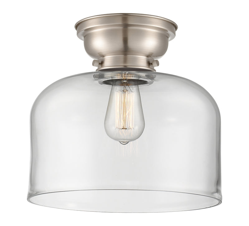 Bell Flush Mount shown in the Brushed Satin Nickel finish with a Clear shade