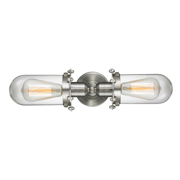 Centri Bath Vanity Light shown in the Brushed Satin Nickel finish with a Clear shade