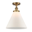 Cone Semi-Flush Mount shown in the Brushed Brass finish with a Matte White shade