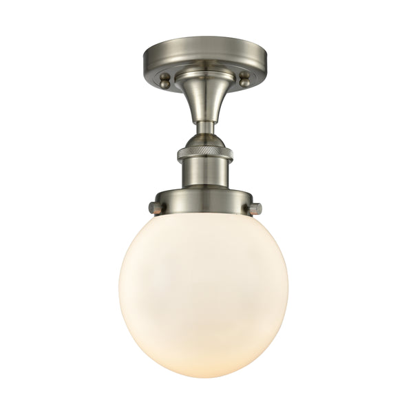 Beacon Flush Mount shown in the Brushed Satin Nickel finish with a Matte White shade
