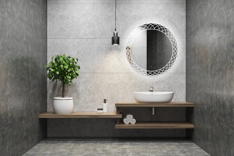 Aquadom Frost Design Round LED Bathroom Vanity Acrylight Technology Fog Free Touch Button Dimmable Wall Mounted Make Up and Shaving Bedroom Mirror IP54 Moisture Resistant FR-36