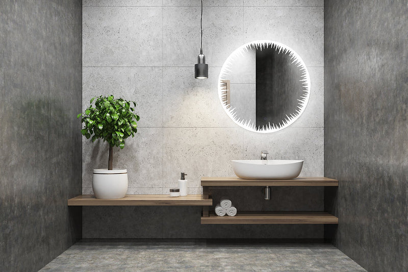 Aquadom Flame Design Round LED Bathroom Vanity Acrylight Technology Fog Free Touch Button Dimmable Wall Mounted Make Up and Shaving Bedroom Mirror IP54 Moisture Resistant FL-30