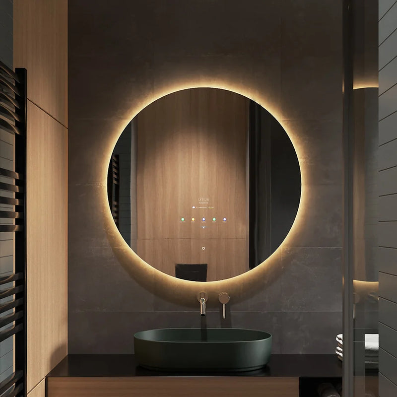 Aquadom Image Round Smart LED Lighted Bathroom Mirrors with Built-in TVs Android Support Google Play Bluetooth Connected IR-24