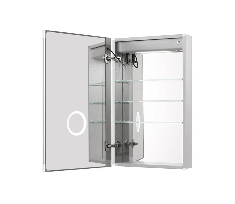 Aquadom Edge Royale LED Medicine Mirror Cabinet Recessed or Surface Mounted Defogger Dimmer LED 3X Makeup Mirror Electrical Outlets ER-2432R